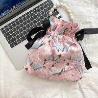 Youda Women Summer Mini Beach Bags Handbags Lady Small Flower Bow Pearl Chain Chiffon Cotton Casual Girls Travel Shopping Bag