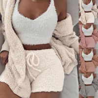 ฤดูหนาวฤดูใบไม้ร่วงสามชิ้นเซ็กซี่ Fluffy ชุด Plush กำมะหยี่ Hooded Cardigan เสื้อกางเกงขาสั้น Crop Top ผู้หญิง Tracksuit ชุดผู้หญิง Outfit