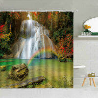 Natural Scenery Shower Curtains Waterfall Green Plant Flower Garden Park Landscape Bathroom Decor Waterproof Cloth Curtain Set