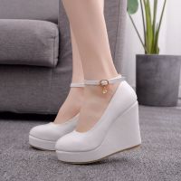 Essar · heel single shoe buckle heel shoe white round head waterproof platform heel single shoe womens wedding stage