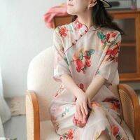 【LZ】☏✹☏  Mulheres chinesas estilo arte fivela saia cheongsam gola comprimento do joelho estampa retro algodão roupa de linho verão novo