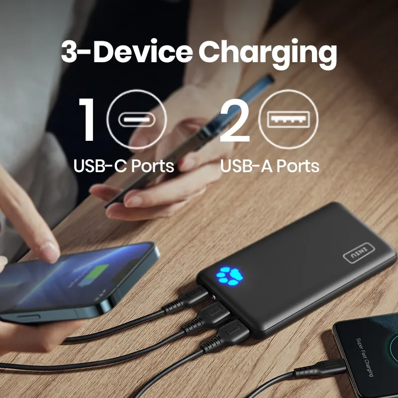 INIU Power Bank 10000mAh 3A Fast Charge USB C PD Portable Charger 3-Port Battery  Pack
