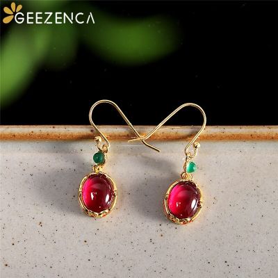 S925 Silver Oval Red Corundum Drop Earrings For Women Fine Jewelry Water-drop Gemstone Trendy Earring New Year Christmas Gift