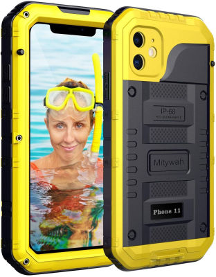 Mitywah Waterproof Compatible with iPhone 11 Heavy Duty Military Grade Shockproof Cover Built-in Screen Protection, Metal Case Full Body Dustproof Strong Rugged Thick for iPhone 11, Yellow