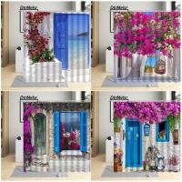 Street Flowers Shower Curtains Blue Wooden Door Windows Mediterranean Nature Plant Modern Garden Home Decor Bathroom Curtain Set