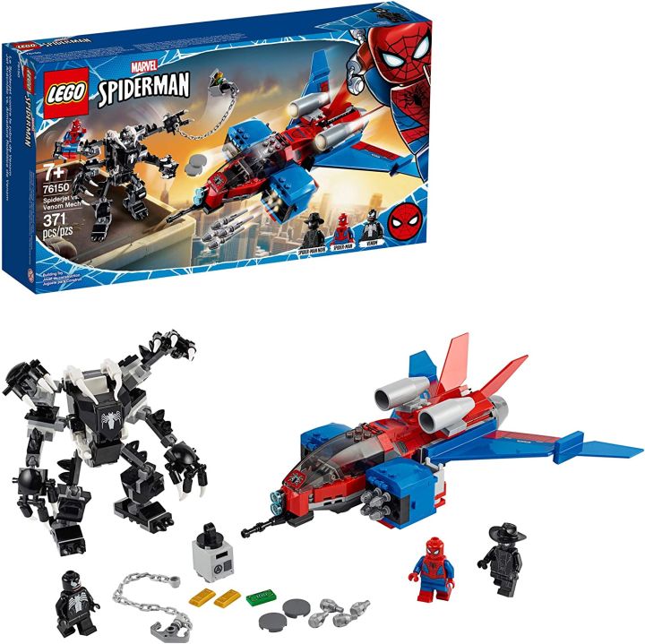 LEGO Marvel Spider-Man Spider Jet vs Venom Mech 76150 Món quà siêu anh  hùng, thích hợp cho trẻ em với nhân vật mini, thợ máy và máy bay (371  miếng) 