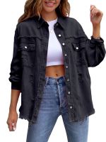 Womens Fashion Casual Ripped Distressed Denim Jacket Boyfriend Jean Coat Long Sleeve Button Down Trucker Jacket