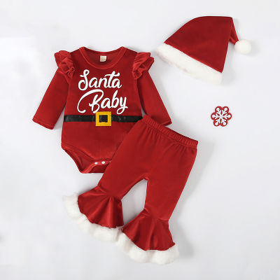 Romper เสื้อผ้าแขนยาวคริสมาสต์เด็กหญิงทารกชุดซานต้าแรกเกิดกางเกงขาบานชุดหมวก