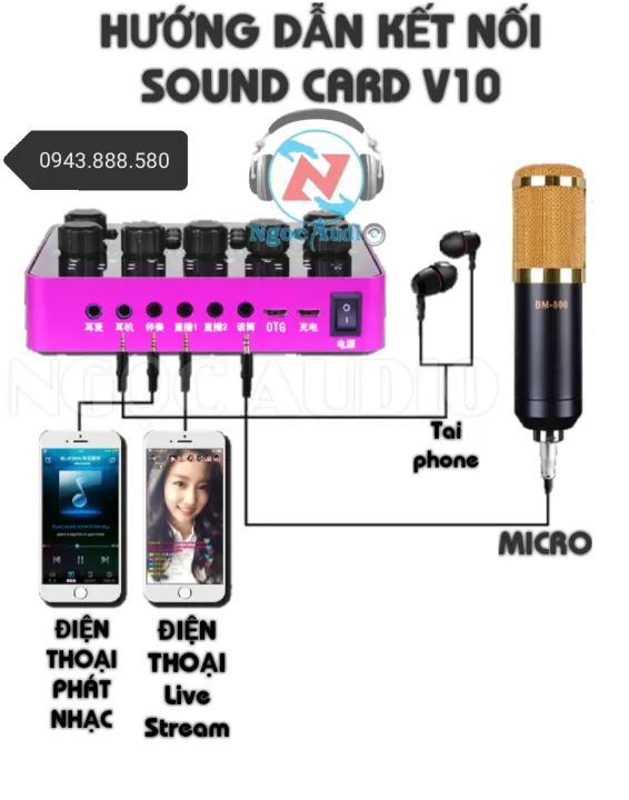 Bộ thu âm live stream Sound card V10 Bluetooth và Mic BM900 đầy đủ phụ