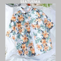 SEATUEMA ฤดูร้อนเกาหลีเสื้อแขนสั้นสไตล์ฮ่องกงย้อนยุคหลวมวันหยุดริมทะเลฮาวายดอกไม้เสื้อชายหาดคู่น้ำ