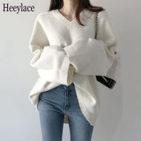 New 2021 Autumn Winter Womens Sweaters Pullover V-Neck Oversized Elegant Vintage Korean Knitted Lady Tops