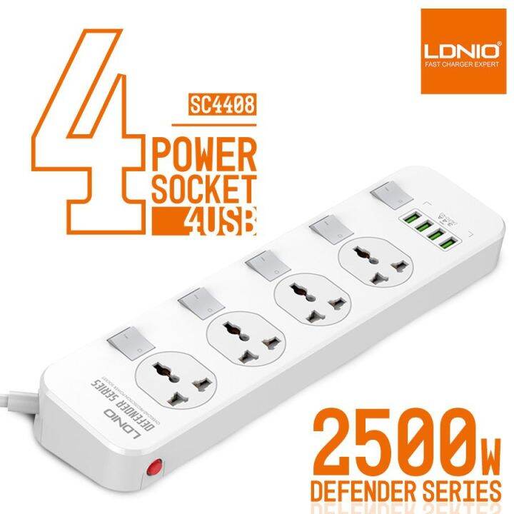 ldnio-sc4408-ปลั๊กไฟ-ปลั๊กพ่วง-4-ช่อง-4-usb-3-4a-max-universal-outlet-power-strip-รองรับไฟ-2500w-10a-max-250v-สายยาว-2-เมตร-ปลั๊กขากลม-2-ขา-รับประกันของแท้-100