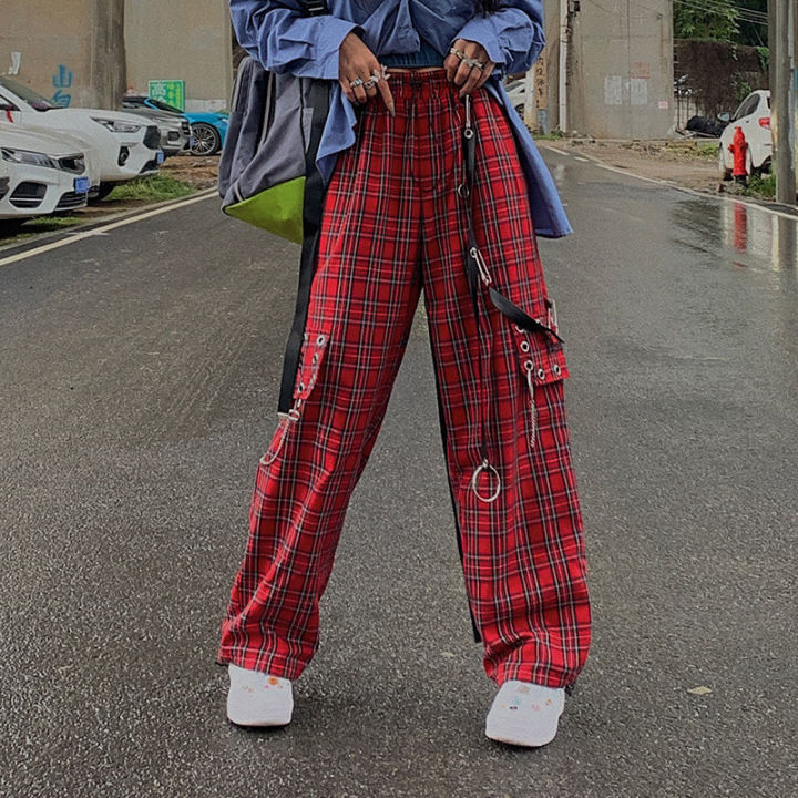 2021qweek-checked-trousers-women-japanese-streetwear-punk-cargo-pants-women-hippie-chain-harajuku-indie-y2k-aesthetic-hip-hop