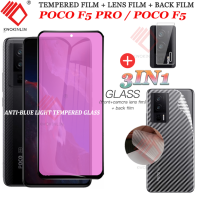 3 In 1สำหรับ F5 POCO Pro/poco F5คลุมทั้งหมดกันสีฟ้าหน้าจอกระจกนิรภัยป้องกันหน้าจอกระจกนิรภัยป้องกันแสงม่วงน้ำเงิน + ฟิล์มป้องกันเลนส์กล้องถ่ายรูป + ฟิล์มคาร์บอนไฟเบอร์ด้านหลัง