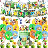 Pikmin theme kids birthday party decorations banner cake topper balloons swirls set supplies