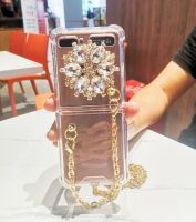 ✺❖✇ Metal Long Straps Rhinestone Stand Shockproof Case For Samsung Galaxy Z Flip 3 Chain Lanyard Clear Z Flip 5G 4G Cover