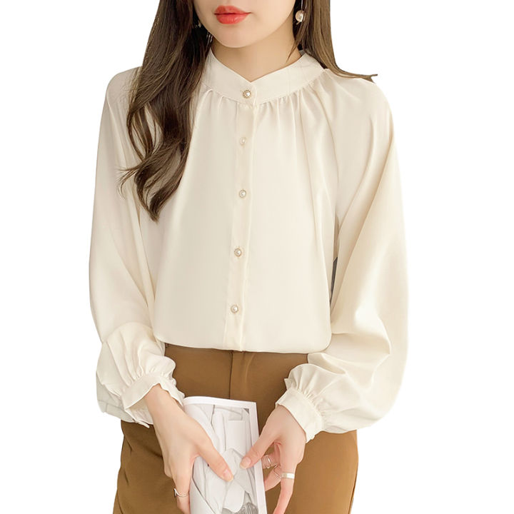 rehin-ของผู้หญิงฤดูใบไม้ร่วงใหม่เสื้อแขนยาวซอกคอสูงย้อนยุคฝรั่งเศสแขนโคมไฟชุดทำงานที่สง่างามเสื้อ