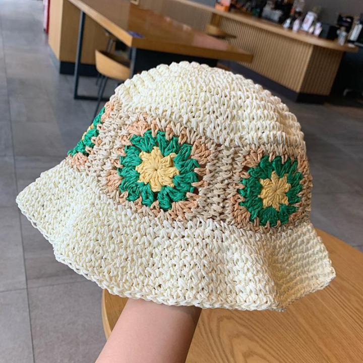 hot-summer-outdoor-paper-straw-hat-women-beach-holiday-sun-wide-brim-hand-woven-flowers-daisy-bucket-straw-hat