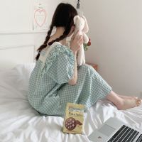 【 WYIN kitchen】 Cotton Women Plaid NIghtgown Summer Square Collar Short Sleeve Home Wear Dress Cute Sleepdress Soft 2023 Nightdress Ruffles S151