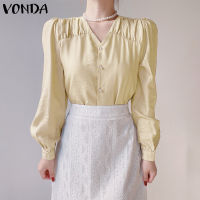 VONDA เสื้อคอวีลำลองของผู้หญิงร่องกระดุมเสื้อแขนยาวพัฟทึบ (ลำลองเกาหลี)