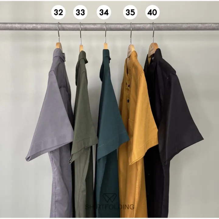 shirtfolding-เสื้อเชิ้ต-แขนสั้นคอปก-สีเทาดิน-สีเขียวขี้ม้า-สีเขียวเข้ม-สีเหลืองมัสตาส-สีดำ-กระดุมดำ