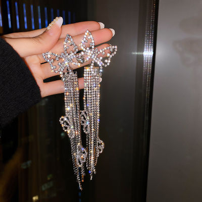 เกาหลีรุ่น S925 เงินเข็มยาวอารมณ์กระพริบต่างหูเพชรพู่Korean version of S925 silver needle long temperament flashing diamond tassel earrings