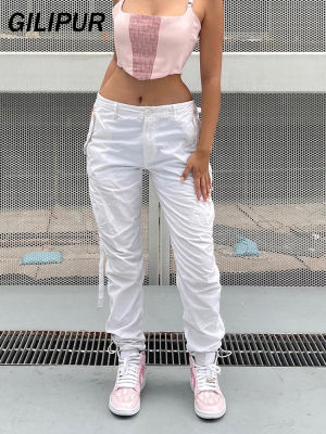 สีขาววินเทจกางเกงคาร์โก้กางเกงยีนส์ผู้หญิงหลวมแฟชั่น90วินาที Streetwear Y2k กระเป๋าเอวสูงตรงกางเกงยีนส์ยืดหยุ่น