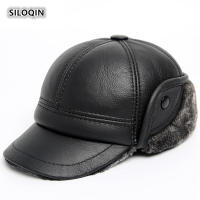 SILOQIN Man Genuine Leather Hats Winter First Layer Cowhide Warm Earmuffs Bomber Caps Plus Velvet Thicken Male Bone Caps Dad Hat