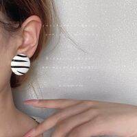 [COD] and white stripes round face 925 silver needle earrings women Japan South Korea Ins trendy female factory