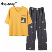 {Pajama queen} ชุดเซ็ต2ชิ้นน่ารักสำหรับผู้หญิง4XL 5XL ชุดนอนฤดูร้อนแขนสั้นยาวสำหรับผู้หญิงชุดนอนการ์ตูนเด็กผู้หญิงชุดนอนผ้าฝ้าย