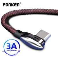 Fonken สาย Usb Type C 90องศามือถือสำหรับ3a ที่ชาร์จแบตเตอรี่โทรศัพท์ Android สายไฟรวดเร็วสายข้อมูลไนล่อนชาร์จ Bend Type-C