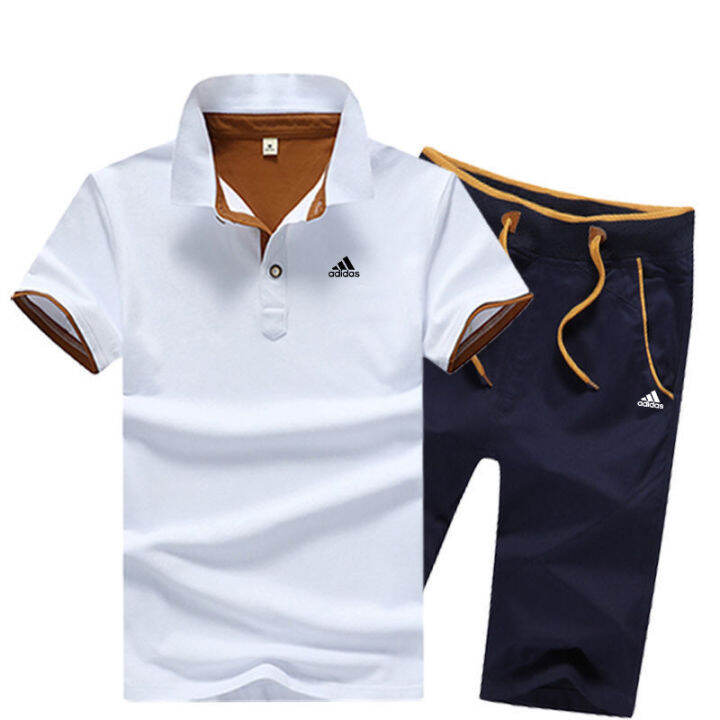High End Men 'S 2ชิ้น/เซ็ต Lapel Polo Shirt Top + Five Pants Korean