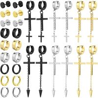 WKOUD 15 Pairs Stainless Steel Stud Earrings Hypoallergenic Hoop Earrings Hinged Dangle Cross Earrings Set For Men And Women Adhesives Tape