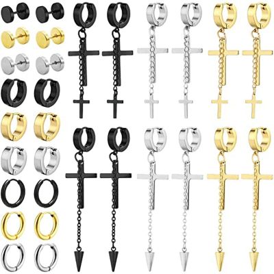 WKOUD 15 Pairs Stainless Steel Stud Earrings Hypoallergenic Hoop Earrings Hinged Dangle Cross Earrings Set For Men And Women Adhesives Tape