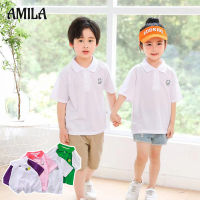 เสื้อโปโลเด็ก AMILA เสื้อแขนสั้นเสื้อเชิ้ตลำลองเกาหลีเสื้อยืดแขนสั้นสีทึบชิ้นเดียวเสื้อผ้าเด็กสำหรับเด็กชายและเด็กหญิง