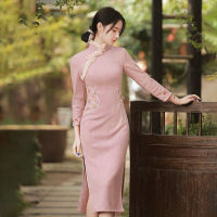 Cheongsam สีชมพู2021ใหม่ย้อนยุคการปรับปรุงที่สง่างามเด็กสาวหนาชุดสไตล์จีนในฤดูหนาว