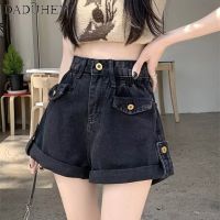 DaDuHey? 2023 Womens American-Style Retro Washed Cargo Pocket High Waist Jeans Loose Casual Wide Leg Denim Shorts