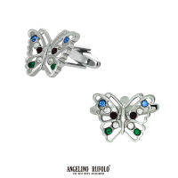 ANGELINO RUFOLO Cufflink(คัฟลิงค์) ดีไซน์ Butterfly กระดุมข้อมือคัฟลิ้งโรเดียมคุณภาพเยี่ยม สีเงิน ประดับตกแต่งด้วย CRYSTAL