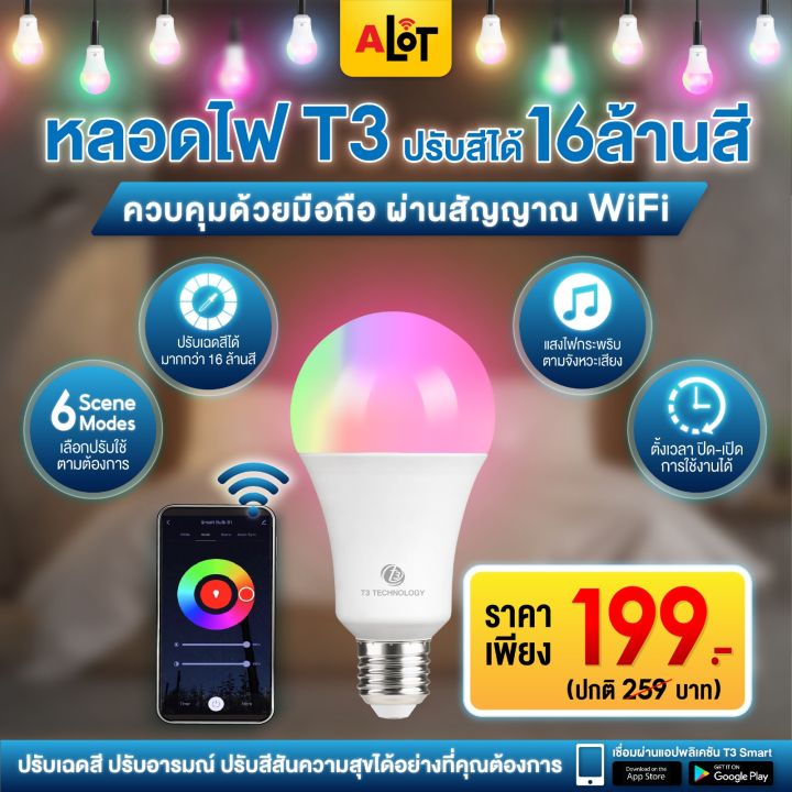 หลอดไฟอัจฉริยะ9W Smart Light Bulbs Led Rgb T3 Smart Wifi สมาร์ทไวไฟ  ตั้งเวลาเปิดปิดในแอพ สั่งงานผ่านAlexa/Google Home | Lazada.Co.Th