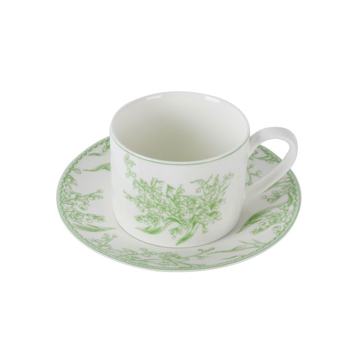 ดอกลิลลี่สีเขียวย้อนยุคของหุบเขาแก้วกาแฟเซรามิคและถ้วยและจานรองน้ำชายามบ่ายชุดจานรอง