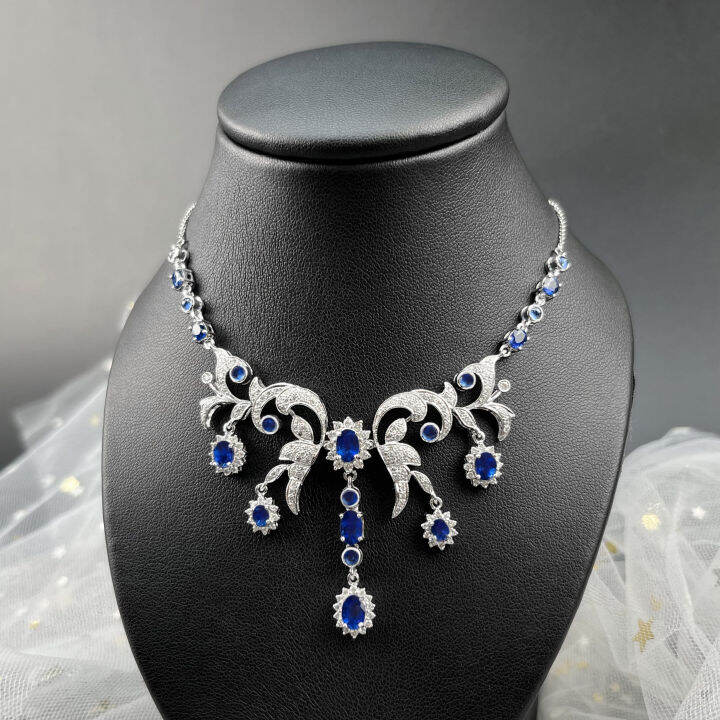 Sapphire Diamond Necklace สร้อยคอเพชรแซฟไฟร์ ไพลินแท้สีน้ำเงินสด เนื้อ