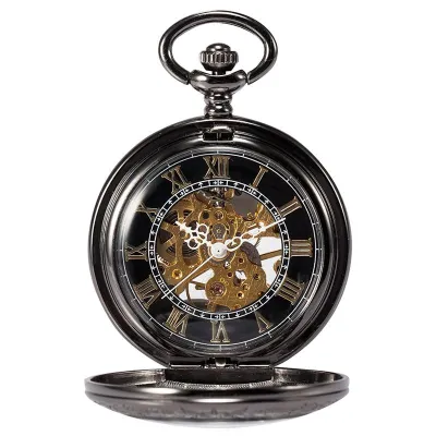 นาฬิกากระเป๋าทำจากทองแดงโครงกระดูกแนวสตรีมพังก์สีดำผู้ชาย