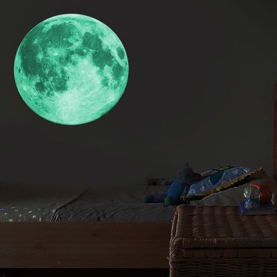 [24 Home Accessories] 30ซม. Luminous Moon 3D สติ๊กเกอร์ติดผนังสำหรับห้องเด็กห้องนั่งเล่นห้องนอนตกแต่งบ้าน Decals Glow In The Dark สติ๊กเกอร์ติดผนัง