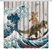 Funny Animals Shower Curtain Cat Rides A Whale To Fight Pattern Waterproof Multi-size Bathroom Decor with Hooks Bathroom Curtain