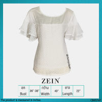 USED Zein - White Striped Ruffle Sleeve Top | เสื้อแขนสั้นสีขาว สีครีม เสื้อแขนระบาย ลายทาง ทรงใหญ่ ทำงาน สีพื้น แท้ มือสอง