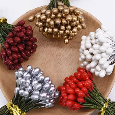hotx【DT】 50/100pcs 5mm Artificial Berries Gold Stamen Fake Flowers wreath Wedding SuppliesTH