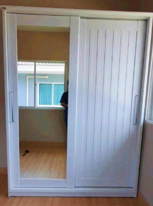 ตู้เสื้อผ้าบานเลื่อน-120-ซม-ดีไซน์ทันสมัย-2-ประตูบานเลื่อน-ประตูทึบกระจกเงา-1-บานลิ้นชักข้างใน