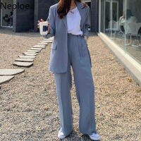 Neploe Work Style Ol Solid 2 Pcs Women Set Turn Down Collar Long Sleeve Blazer + High Waist Hip Straight Pants Suits Spring