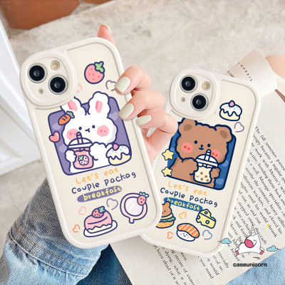 เคสโทรศัพท์น่ารักการ์ตูนเข้ากันได้กับ iPhone 11 7Plus XR 12 14 13 Pro Max 7 8 6 6S 14 Plus X XS MAX SE 2020เค้กสตรอเบอร์รี่กระต่ายหมีน่ารักนิ่ม TPU ฝาหลังคู่