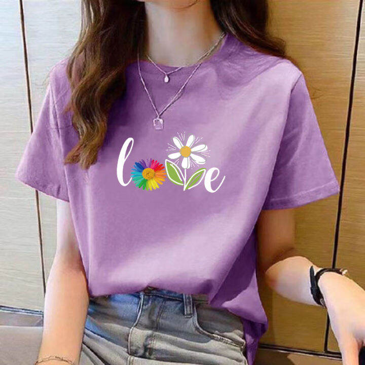 เสื้อยาวสีขาวสำหรับผู้หญิงคอกลมแขนสั้นพิมพ์ลายเสื้อทรงหลวมสำหรับฤดูร้อน